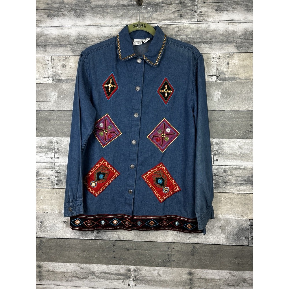 Vintage Haband Women's Top Denim Shirt Small 6/8 Embroidered Button Up